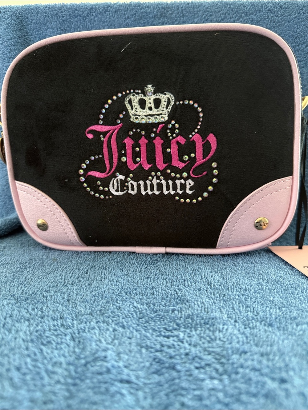 Juicy Couture Black Velvet Crossbody with Pink Trim and Rhinestone Logo